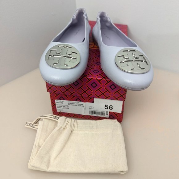 Tory Burch Claire Ballet Flats Leather Logo Spring Lavender Lilac 9 - Picture 6 of 16